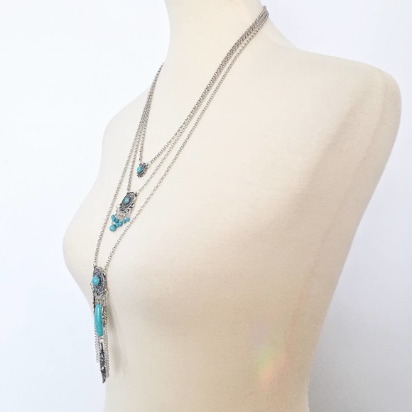 NWOT Layered multistrand boho silver and turquoise necklace - Picture 3 of 4